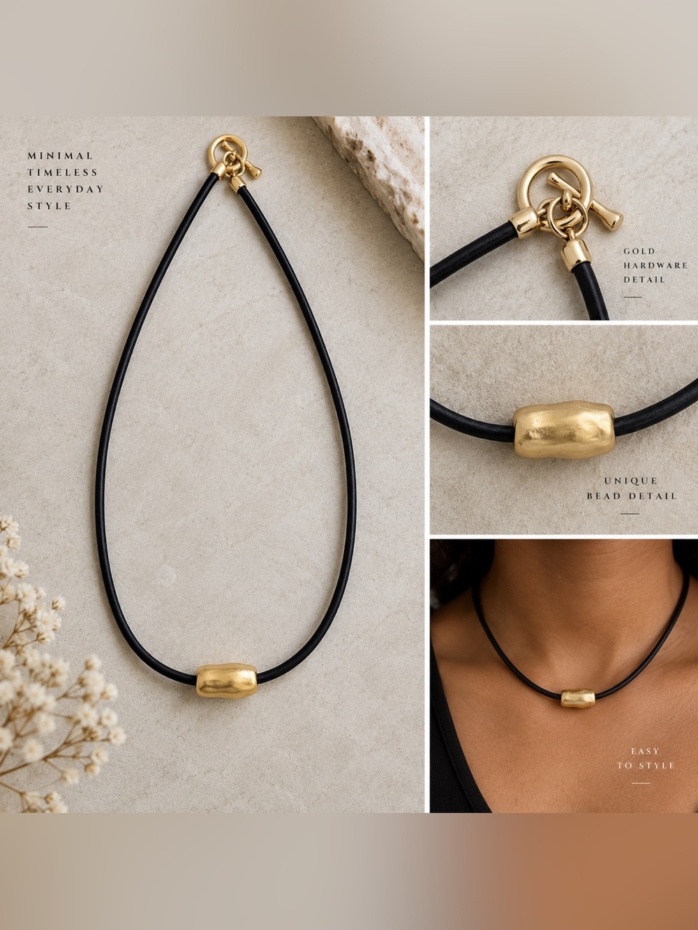 Black Cord Choker Necklace with Gold-Tone Bead & Toggle Clasp